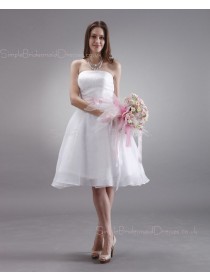 A-line Strapless Sleeveless Ruffles/Sash Knee-length Organza Natural White Zipper Bridesmaid Dress