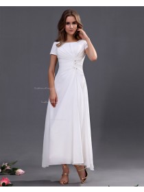 Sleeveless Ankle-length Ruffles/Beading Zipper A-line Natural Bateau Chiffon White Bridesmaid Dress