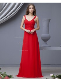 Floor-length Chiffon A-line Red Straps Ruffles/Flowers Natural Sleeveless Zipper Bridesmaid Dress