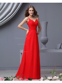 Sleeveless Spaghetti-Straps Zipper Chiffon Natural Red A-line Ruffles/Draped Floor-length Bridesmaid Dress