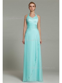 Sheath Floor-length Natural Sleeveless Light-Sky-Blue Beading/Ruffles Zipper Halter Chiffon Bridesmaid Dress