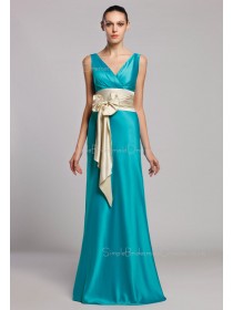 Natural Sheath V-neck Bow/Ruffles/Sash Floor-length Zipper Blue Sleeveless Elastic-Satin Bridesmaid Dress