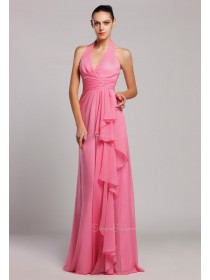 Sleeveless Floor-length Tiered/Ruffles Halter A-line Natural Zipper Chiffon Watermelon Bridesmaid Dress