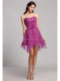 Natural Ruffles/Flowers Organza Mini Grape Sleeveless Short-length Sweetheart Zipper Bridesmaid Dress