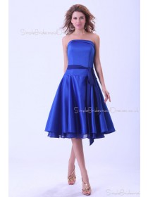 Royal-Blue Zipper Satin Ruffles/Sash A-line Sleeveless Natural Knee-length Strapless Bridesmaid Dress