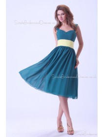 Ocean-Blue Ruffles/Sash Straps Sleeveless Chiffon Natural Zipper A-line Knee-length Bridesmaid Dress
