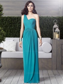 Draped Chiffon One-Shoulder Floor-length Zipper Dropped Sleeveless jade Blue Column/Sheath Bridesmaid Dress