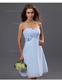 Sleeveless A-line Chiffon Natural Sweetheart Ruffles/Flowers Knee-length Light-Sky-Blue Zipper Bridesmaid Dress