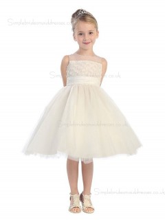 A-line Knee-length Champagne Organza Neck Applique Sleeveless High Flower Girl Dress