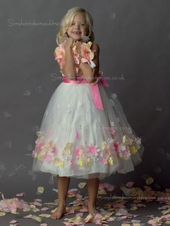 Bowknot / Hand Shaped Organza Sleeveless Flower Made Tea-length A-line Neck Flower Girl Dress