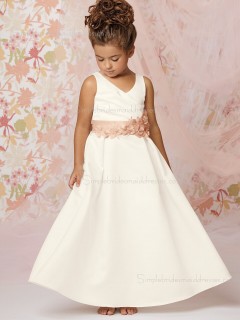 Hand Flower Satin Ivory Ankle Length Sleeveless A-line Sweetheart Flower Girl Dress