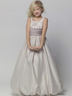 A-line Floor-length Sash Gray Neck Satin U Shaped Sleeveless Flower Girl Dress