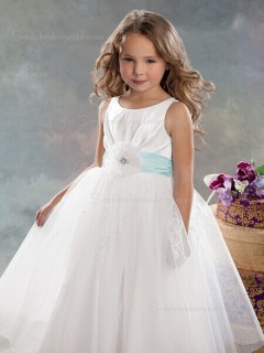 Hand Sleeveless Bateau Floor-length Organza Flower A-line White Made Flower Girl Dress