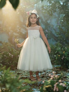 Ivory Made Tea-length Bateau Organza Sequin / Hand Flower Sleeveless A-line Flower Girl Dress