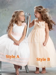 Sleeveless Chiffon Bateau Flower Gown Ball Tea-length Hand Flower Girl Dress