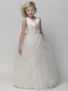 Applique / Tiered Gray Sleeveless A-line Floor-length Organza Scoop Flower Girl Dress