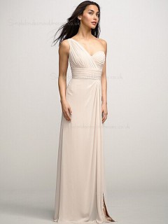 Zipper One Shoulder Empire Chiffon Ruffles/Split Sleeveless Champagne Column Sheath Sweep Bridesmaid Dress