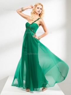 One Shoulder Sleeveless Floor-length Chiffon A-line Green Backless Beading/Ruffles Empire Bridesmaid Dress