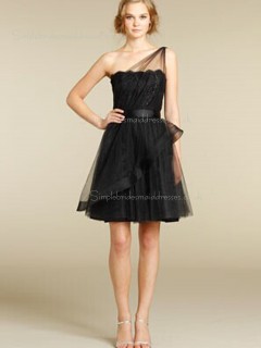 Shoulder Natural Organza Short-length Sleeveless A-line One Shoulder Zipper Lace Black Bridesmaid Dress