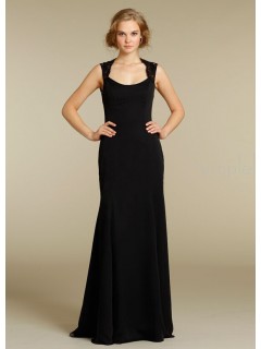 Chiffon Black Column Sheath Sleeveless Natural Backless Floor-length Bateau Lace Bridesmaid Dress