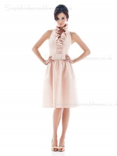 Sleeveless Backless Knee-length Pink Natural Halter Satin A-line Ruffles Bridesmaid Dress