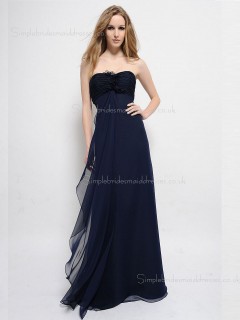 Zipper Empire Sleeveless Bateau Dark Navy Chiffon Flowers Sweep A-line Bridesmaid Dress