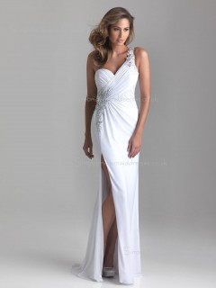 Column Sheath Sleeveless Dropped Sweep Chiffon One Shoulder White Beading/Ruffles Backless Bridesmaid Dress