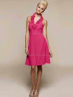 Zipper Halter Sleeveless Ruffles Short-length Fuchsia Empire Chiffon A-line Bridesmaid Dress