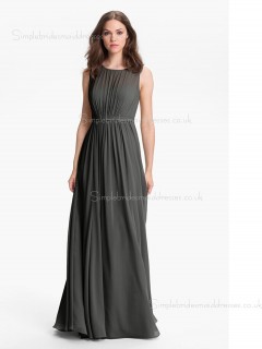 Dropped Gray Floor-length Sleeveless Bateau Zipper A-line Chiffon Draped Bridesmaid Dress