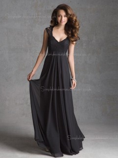 Floor-length V-neck A-line Black Empire Applique Sleeveless Lace/Chiffon Zipper Bridesmaid Dress