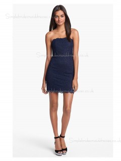 Sleeveless Zipper Lace Applique Natural Bateau Mini Column Sheath Dark Navy Bridesmaid Dress