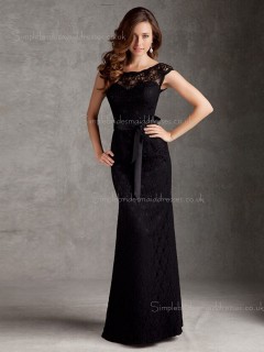 Lace Cap Sleeve Black Bateau Belt Column Sheath Natural Floor-length Zipper Bridesmaid Dress
