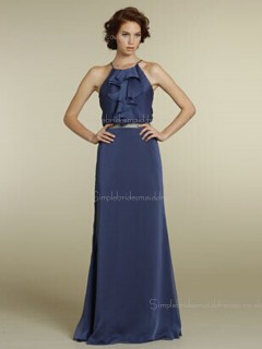 Backless Column Sheath Sleeveless Chiffon Floor-length Natural Tiered/Sash High Neck Blue Bridesmaid Dress