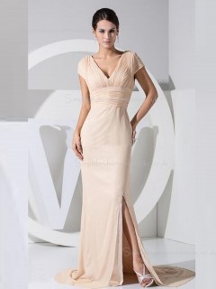 Split/Ruffles Empire Indy Pink Sweep Cap Sleeve V-neck Column Sheath Zipper Chiffon Bridesmaid Dress