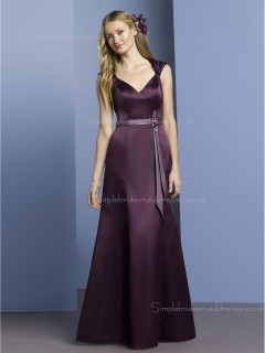 Zipper Floor-length A-line Natural Satin Grape V-neck Sleeveless Belt/Beading Bridesmaid Dress