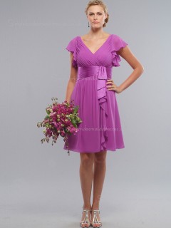 A-line Zipper V-neck Fuchsia Chiffon Empire Knee-length Ruched/Tiered Cap Sleeve Bridesmaid Dress