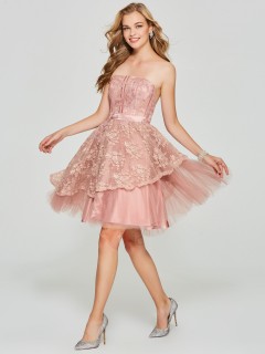Exquisite Cheap Pink A-Line Strapless Lace Backless Short Bridesmaid Dress