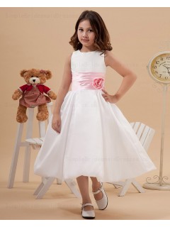 Zipper Sleeveless Ivory Square Tea Length A line Taffeta Belt/Hand Made Flower/Bow Flower Girl Dress