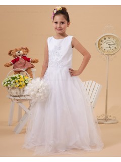 White A line Zipper Scoop Floor length Sleeveless Beading/Applique Satin/Tulle Flower Girl Dress