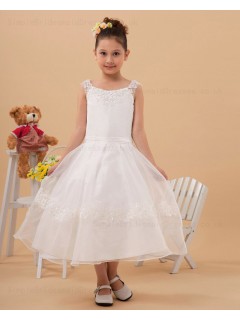 White Ankle Length A line Sleeveless Applique Zipper Bateau Chiffon/Organza Flower Girl Dress