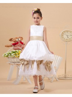 A line Ankle Length Sleeveless Satin/Lace Scoop Sash/Bow/Lace White/Champagne Zipper Flower Girl Dress