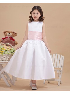 Scoop Ankle Length White Zipper Sleeveless Satin Bow/Belt A line Flower Girl Dress