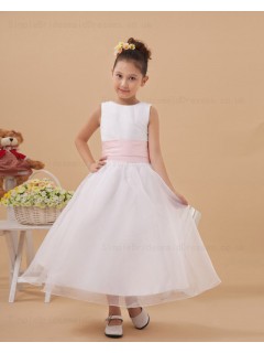 Hand Made Flower/ Belt Scoop Satin/Organza White Ankle Length A line Zipper Sleeveless Flower Girl Dress