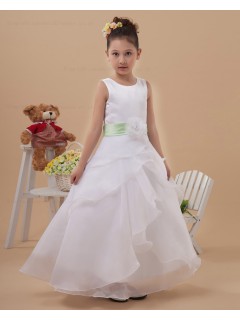 Belt Scoop Sleeveless Organza A line White Ankle Length Zipper Hand Made Flower/ Flower Girl Dress