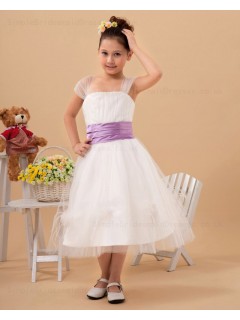 Tea Length Belt A line Bateau Organza Sleeveless White Zipper Flower Girl Dress