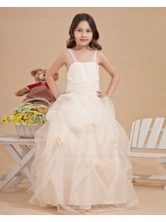 Spaghetti Straps Hand Made Flower/ Ball Gown Zipper Ivory Bow Sleeveless Organza Floor length Flower Girl Dress