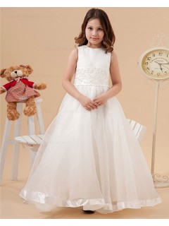 Ivory Zipper Floor length Sleeveless Organza/Satin Scoop A line Belt/Applique Flower Girl Dress