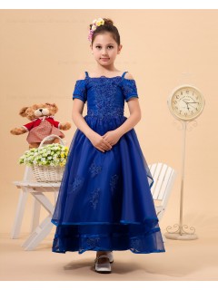 Blue A line Floor length Zipper Organza Spaghetti Straps Applique/Beading Sleeveless Flower Girl Dress