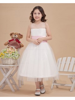 A line Sleeveless Belt Ankle Length Organza/Satin White Bateau Zipper Flower Girl Dress