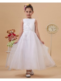 Sleeveless Applique/Beading Ivory Zipper Scoop Chiffon/Tulle Ankle Length A line Flower Girl Dress